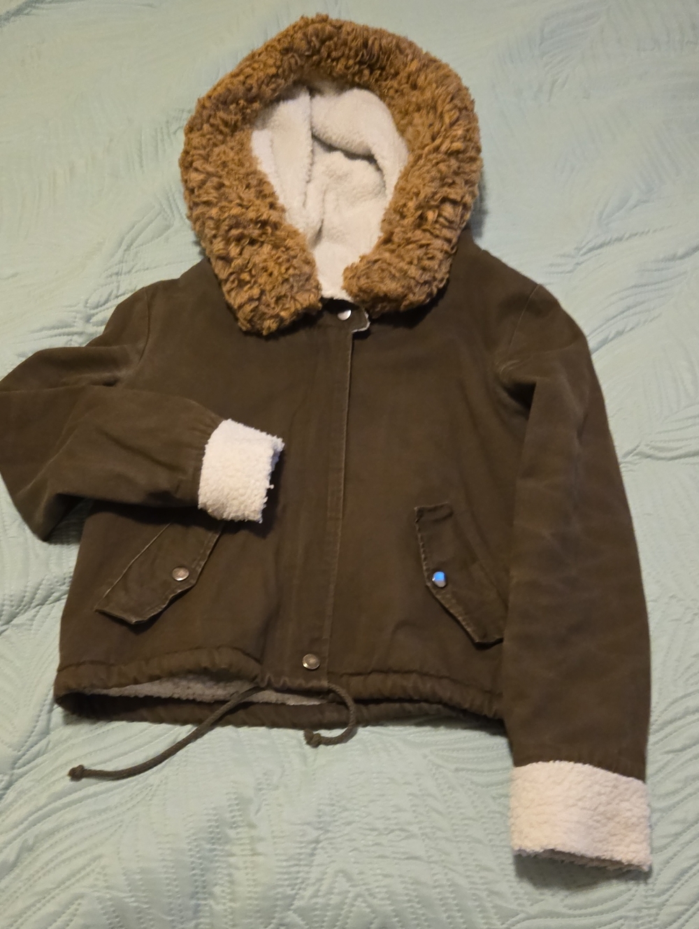 SHEIN Olive Green Faux Shearling-Lined Hooded Puffer Jacket